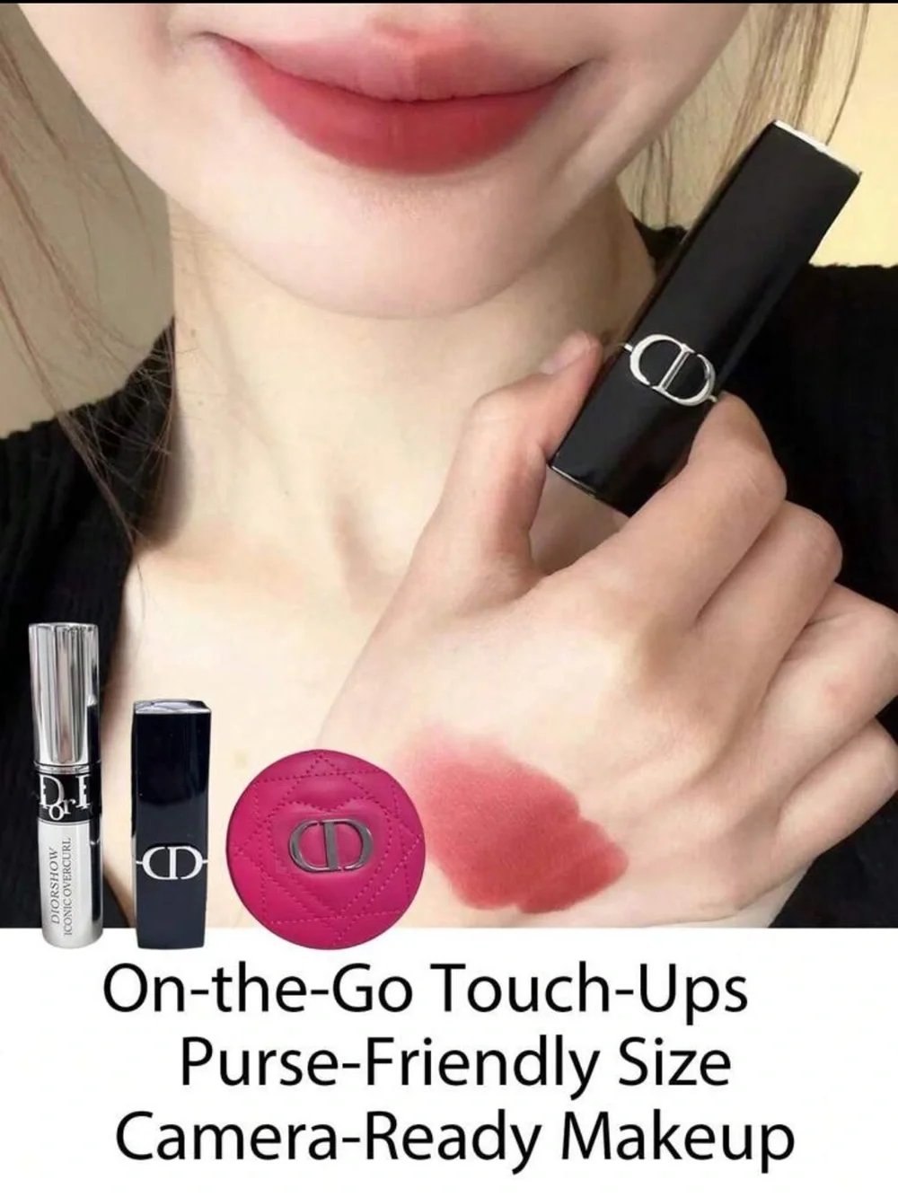 Dior Rose Red Folding Mirror with Silver Mascara & Black Lipstick Case